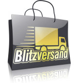 Schwarze Einkaufstasche mit gelben Lastwagen und der Aufschrift "Blitzversand".