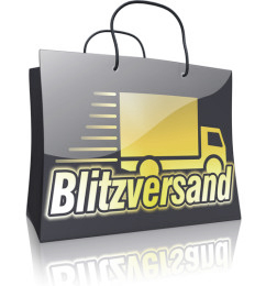 Schwarze Einkaufstasche mit gelben Lastwagen und der Aufschrift "Blitzversand".