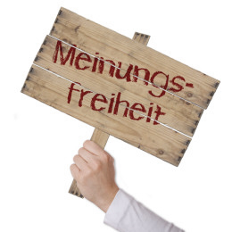 Eine Hand hebt ein Holzschild mit der Aufschrift "Meinungsfreiheit" hoch.