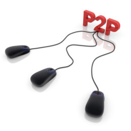 P2P -Schriftzug in rot, an dem drei schwarze Kabelmäuse hängen