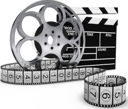 Filmrolle und Filmband, dahinter Filmklappe