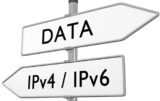 Schild mit entgegengesetzten Richtungen auf dem einen DATA und auf dem anderen IPv4/IPv6