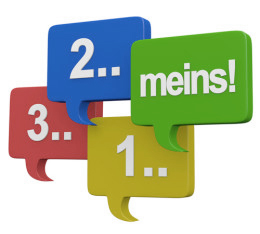 bunte Sprechblasen mit Beschriftung "3..2..1..meins" symbolisieren Ebay