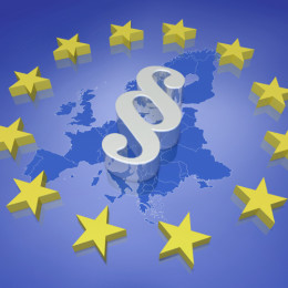 Paragraphenzeichen über einer blau eingefärbten Europa-Darstellung umringt von gelben Sternen