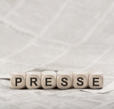 kleine Würfel, die das Wort Presse bilden, im Hintergrund eine Zeitung