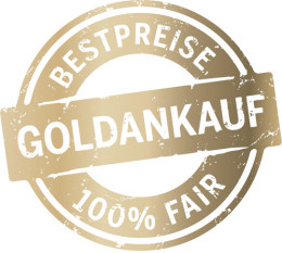 Goldenes Siegel auf dem in der Mitte "Goldankauf" steht, oben "Bestpreise" und unten "100% fair"