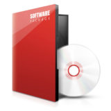Eine rote DVD- bzw. CD- Hülle mit einem kleinen weißen Schriftzug "SOFTWARE PACKAGE" oben rechts ist geöffnet. Aus der Öffnung ragt eine DVD bzw. CD heraus.