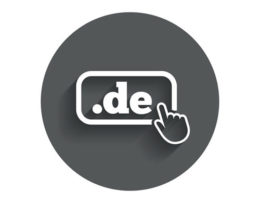 Eine illustrierte Hand klickt auf die Domain-Endung ".de" in weißer Schrift auf grauem Hintergrund