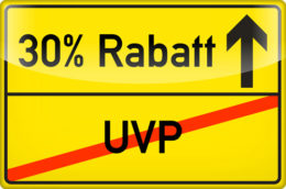 Schild mit durchgestrichener UVP und 30 % Rabatt