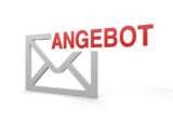 Symbol eines grauen Briefkuverts, vor dem in roter Farbe das Wort "ANGEBOT" steht