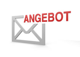 Symbol eines grauen Briefkuverts, vor dem in roter Farbe das Wort "ANGEBOT" steht