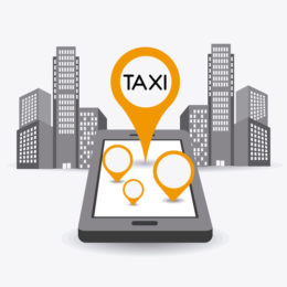 schematische Darstellung eines Tablets auf dem orangene Markierungen zu sehen sind, in der größten davon ssteht "Taxi", im Hintergrund sind schematisch ein paar Hochhäuser dargestellt