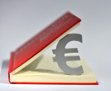 aufgeklapptes rotes Buch mit Euro Symbol zwischen den Seiten