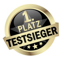 Gold-schwarzer Button mit Banner " 1. PLATZ TESTSIEGER "