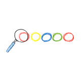 Fünf gemalte Kreise in den Farben rot - gelb - blau - grün - rot und eine Lupe; Suchmaschine
