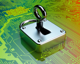 Internetsecurity, Internetsicherheit, Schloss mit Schlüssel liegt auf einem Prozessor