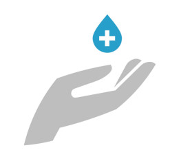 Graue Hand fängt blauen Wassertropfen auf.