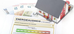 Energieausweis mit Miniatur-Einfamilienhaus und Geldscheinen.