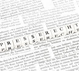 Holzwürfel, die das Wort "Presserecht" ergeben auf Zeitungsausschnitten
