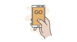 Skizze einer Hand die ein Smartphone hält, auf dem GO zu lesen ist, in Anspieleung auf das Spiel Pokemon Go