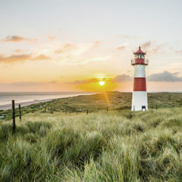 Leuchtturm auf der Insel Leuchtturm und Sylt mit Meer im Hintergrund