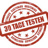 30-Tage-Testen Plakette mit Roter Schrift und Sternen auf weißem Hintergrund