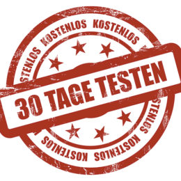 30-Tage-Testen Plakette mit Roter Schrift und Sternen auf weißem Hintergrund