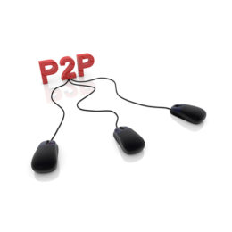 Schriftzug P2P verbindet drei schwarze PC-Mäuse; Filesharing