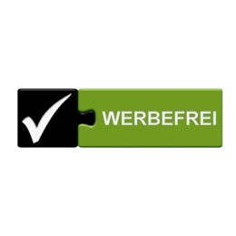 ein Erledigt-Haken auf einem Puzzleteil, das mit einem weiteren Puzzleteil mit der Aufschrift "werbefrei" verbunden ist