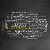 Europarecht in gelber Schirft auf einer schwarzen Tafel, umgeben von sinngemäß passenden Begriffen in weißer Farbe