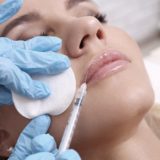 Frau bekommt zu Schönheitszwecken eine Spritze in ihre Lippe