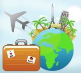Grafik, auf der eine Weltkugel mit einem Reisekoffer, Flugzeug, Palmen und dergleichen abgebildet ist