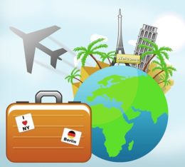 Grafik, auf der eine Weltkugel mit einem Reisekoffer, Flugzeug, Palmen und dergleichen abgebildet ist