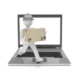 illustriertes Männchen läuft auf einem Laptop und hält ein Paket in den Armen