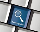 Knopf einer Tastatur mit einer aufgedruckten Lupe und der Unterschrift "Preisvergleich"