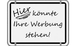 Schild in der Aufmachung eines Verkehrsschildes, auf welchem der Schriftzug "Hier könnte Ihre Werbung stehen!" abgebildet ist; vor weißem Hintergrund