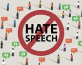 Figuren, die Menschen darstellen sollen mit Sprechblasen in grün und rot, in der Mitte ein "Verboten-Schild" mit der Aufschrift "HATE SPEECH"