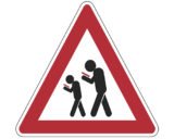Warnschild, auf dem zwei Personen abgebildet sind, die während dem Gehen auf ihr Handy schauen