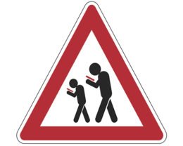Warnschild, auf dem zwei Personen abgebildet sind, die während dem Gehen auf ihr Handy schauen
