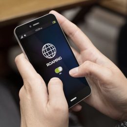 eine Weltkugel und der Schriftzug "Roaming" auf einem Smartphone, das in Händen gehalten wird
