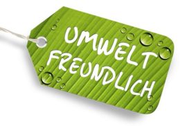 grünes Etikett mit weißer Aufschrift "UMWELTFREUNDLICH"