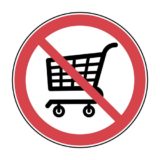 Einkaufswagen-Symbol in schwarz im Rahmen eines Verbots-Schildes