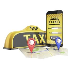 Handy mit Taxi-App und ein Taxischild