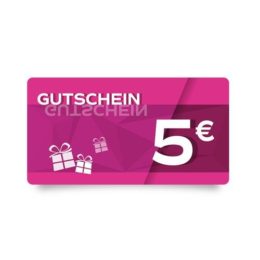 Gutscheinkarte in pink, auf der Geschenk-Symbole und „5 €" in weiß aufgedruckt sind