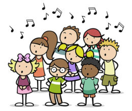 Cartoon Kinder singen im Chor in Musikschule