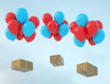 Pakete werden mit roten und blauen Luftballons transportiert