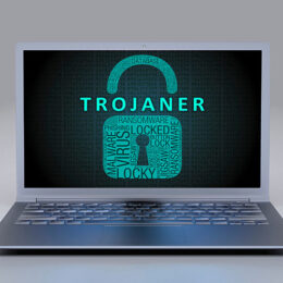 Schloss mit Schrift "Trojaner" wird auf Laptop angezeigt