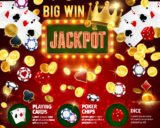 Plakat mit der Aufschrift "Big win Jackpot". Im Hintergrund sind Spielkarten und Poker Chips zu sehen