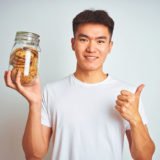 Fotolia_292787149: Junge hält ein Glasbehälter mit Cookies in der Hand und zeigt den Daumen nach oben