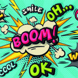 Boom-Schriftzug in Comic-Art vor mehrfarbigen Hintergrund.